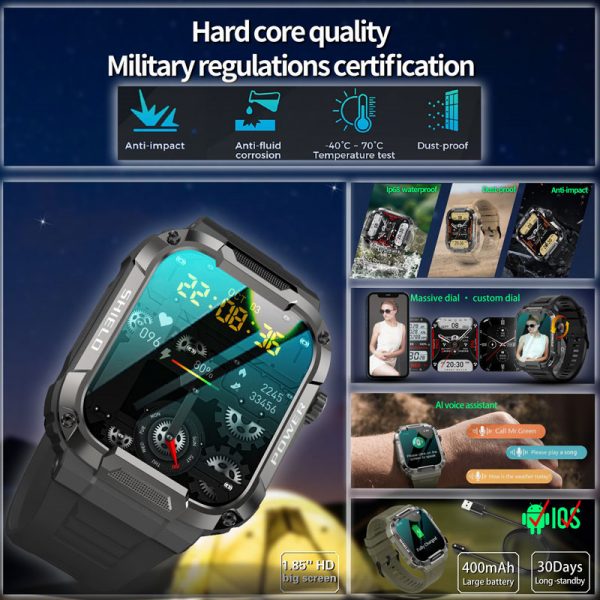 Reloj inteligente militar para hombre, dispositivo deportivo resistente al agua, con control de salud, IA, voz, Bluetooth, llamadas, para IOS y Android, 2023 Los relojes inteligentes admiten español - Imagen 2