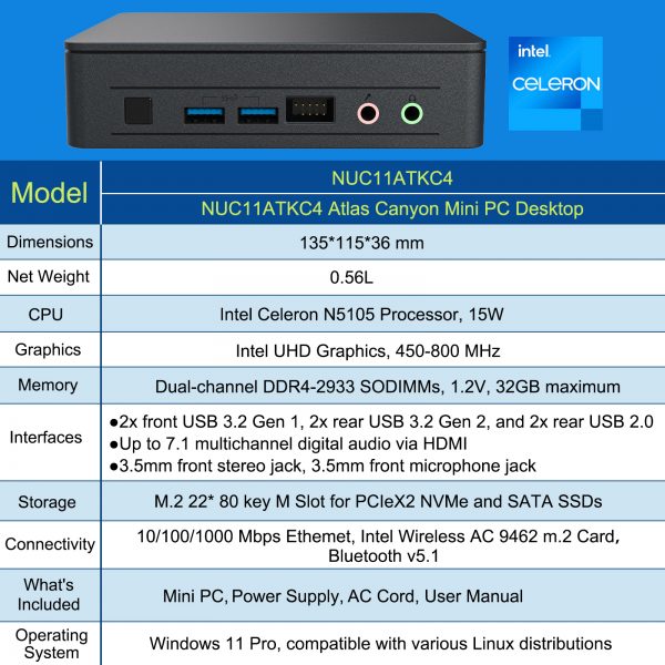 Intel Nuc 11 NUC11ATKC4 Atlas Mini pc Intel Celeron N5105 (2,0 GHz-2,9 GHz Burst)15W Intel UHD Graphics Windows 11 Pro - Imagen 5