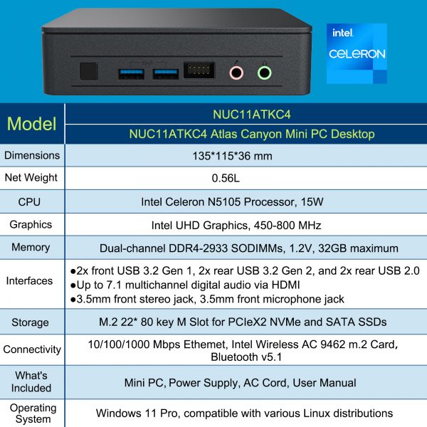 Mini PC Intel NUC 11, NUC11ATKC4, Atlas Canyon, PC de escritorio para el hogar y negocios, N5105 Celeron, gráficos Intel UHD, Windows 11 Pro - Imagen 3