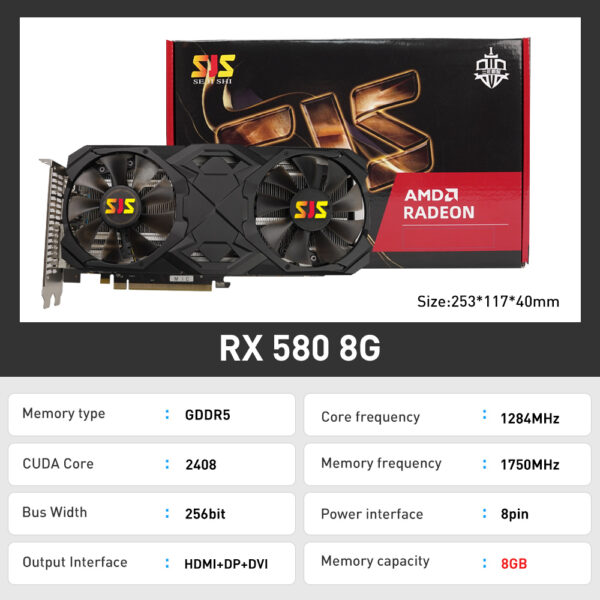 SJS-tarjeta de vídeo RX 580, 8G, 256Bit, 2048SP, GDDR5, AMD, GPU, para Gamer, Radeon, 8GB - Imagen 6