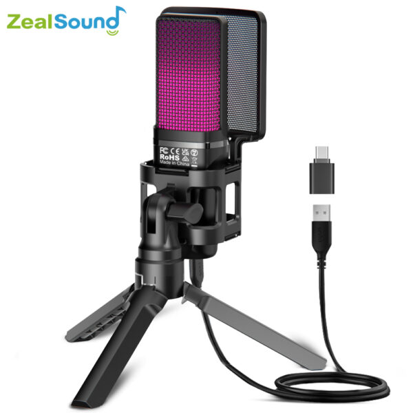 Zealsound-micrófono de condensador para juegos, dispositivo USB RGB para PC, PS4, PS5, Mac, con filtro Pop y salida de auriculares, micrófono para portátil/ordenador