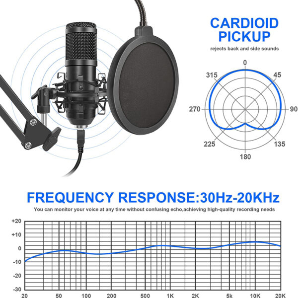 Micrófono condensador con tarjeta de sonido en vivo para Streaming, estudio de grabación, YouTube, Video - Imagen 3