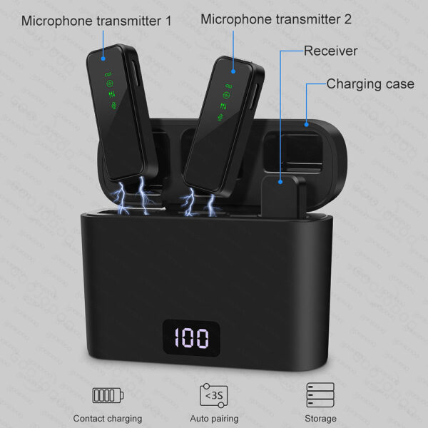 Micrófono Lavalier inalámbrico compacto portátil, micrófono de solapa con grabación de doble canal LCD para iPhone, Android, portátil, transmisión en vivo - Imagen 3