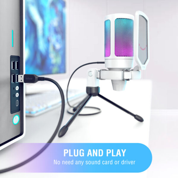 FIFINE-micrófono USB AmpliGame, grabación de juegos para PC, micrófono de ordenador portátil de escritorio, micrófono de Podcasting de Streaming RGB para juego en línea, Zoom-White - Imagen 5