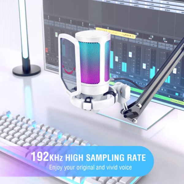 FIFINE-micrófono USB AmpliGame, grabación de juegos para PC, micrófono de ordenador portátil de escritorio, micrófono de Podcasting de Streaming RGB para juego en línea, Zoom-White - Imagen 6