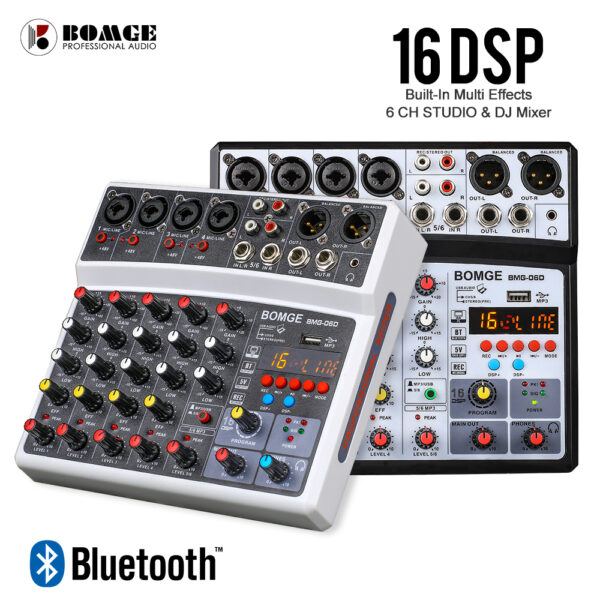 BOMGE-mezclador de Audio inalámbrico de 6 canales, consola de mezcla portátil, interfaz USB, tarjeta de sonido con 16 DSP Echo 48V Phantom Power