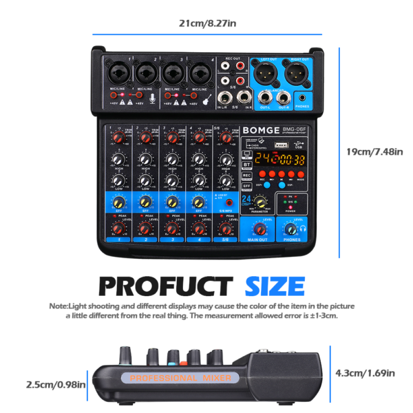 BOMGE-mezclador de Audio inalámbrico de 6 canales, consola de mezcla portátil, interfaz USB, tarjeta de sonido con 16 DSP Echo 48V Phantom Power - Imagen 6