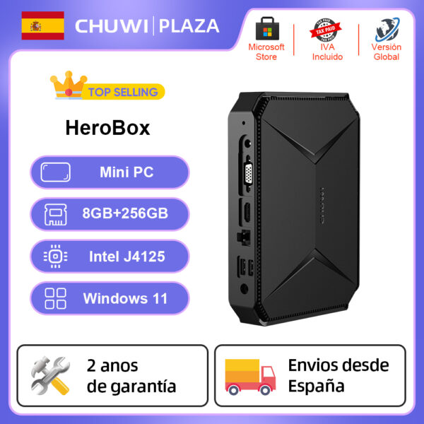 CHUWI-Mini PC Herobox, Intel Celeron J4125, Quad Core, 8GB RAM, 256G SSD, sistema operativo Windows 11, wtih, HD, LAN, con puerto VGA