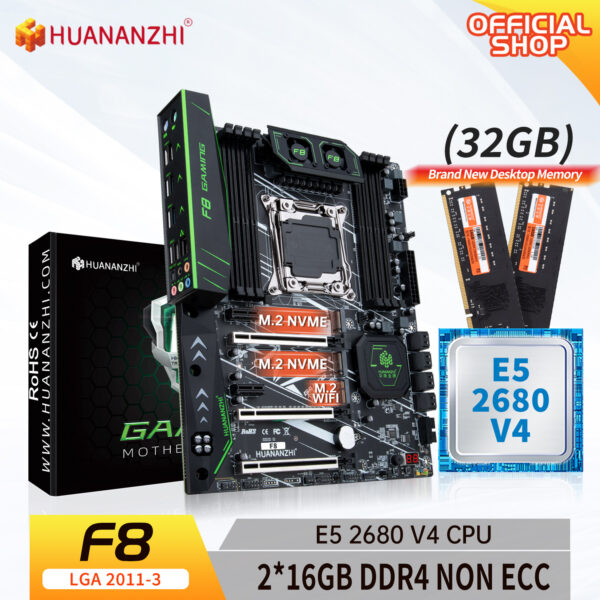 HUANANZHI-placa base X99 F8 LGA 2011-3 XEON X99 con Intel E5 2680 V4 con 2x16G DDR4, kit combinado de memoria de NON-ECC, NVME SATA