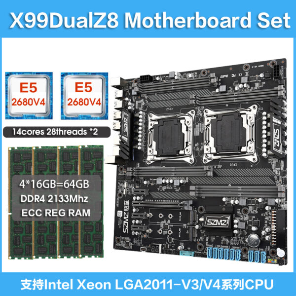 Dotherboard-KIT X99 Dual Z8, con 2 unidades de procesador XEON E5 2680 V4 y 4x16gb = 64GB ddr4 2133mhz ECC REG RAM