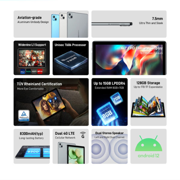 [estreno mundial] doogee T10 Tablet PC 10.1 "IPS FHD + Display by TÜV Rhein certificated octa Core Android 12 Tablet PC 13mp Main camera 8300mah Battery tablet PAD 8 + 7gb extended Ram + 128GB Storage - Imagen 2