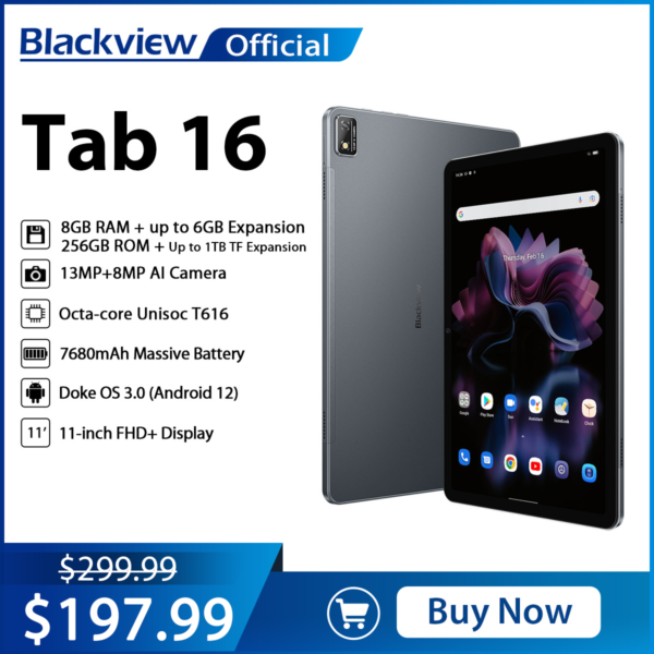 Blackview-Tableta Tab 16 de 11 pulgadas, Tablet PC con pantalla 2K FHD, Android 12, T616, Widevine L1, 8GB, 256GB, 7680mAh, cámara de 13MP, 4G Dual