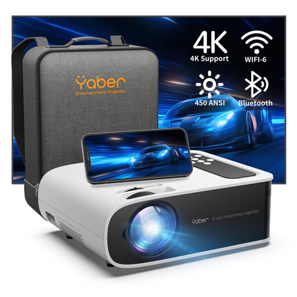 YABER Proyector Bluetooth Pro V8 450 ANSI 5G Full HD 1080P WiFi, Corrección Trapezoidal Automática 6D y 4P/4D, Zoom Infinito, Proyector Portátil 4K HD para iOS/Android