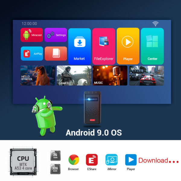 BYINTEK P20 mini proyector portátil para Android WIFI proyectores de cine en casa TV vídeo Pico LED DLP Full HD 1080P teléfono móvil PC CINE 4K - Imagen 5