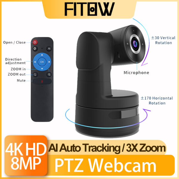 Taida-cámara web 4K con enfoque automático, Webcam PTZ alimentada por Ia, Control remoto, transmisión en vivo, Zoom 3X, pista automática, vídeo para reuniones en línea