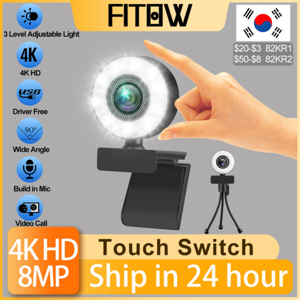 Taida-cámara Web 1080P 2K 4K HD con anillo de luz de relleno para ordenador portátil, PC, transmisión en vivo, cámara Web de vídeo, micrófono