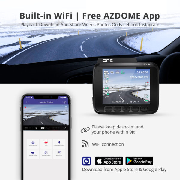 AZDOME Cámara de Salpicadero con Wifi para Coche, GPS Integrado, DVR con Visión Nocturna, Sensor de Movimiento, Doble Lente, Detección Automática de Incidencias, Dispositivo con WDR, Grabación UHD 4K, GS63H - Imagen 5