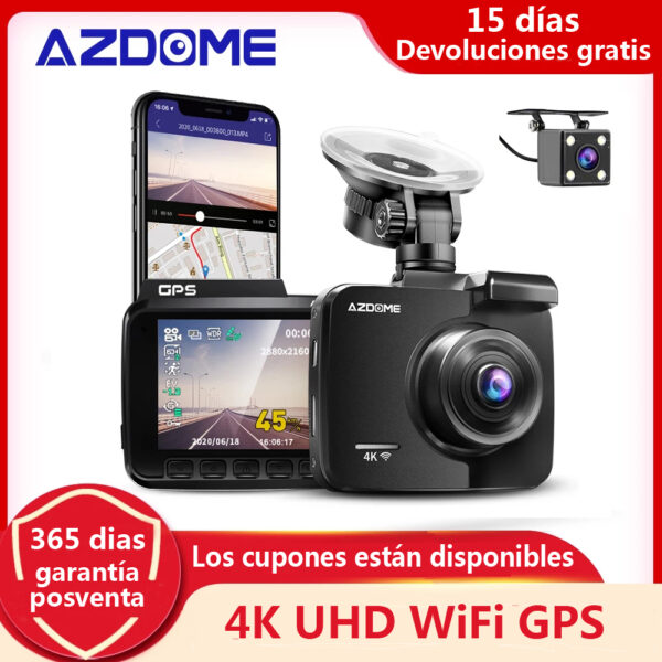 AZDOME Cámara de Salpicadero con Wifi para Coche, GPS Integrado, DVR con Visión Nocturna, Sensor de Movimiento, Doble Lente, Detección Automática de Incidencias, Dispositivo con WDR, Grabación UHD 4K, GS63H