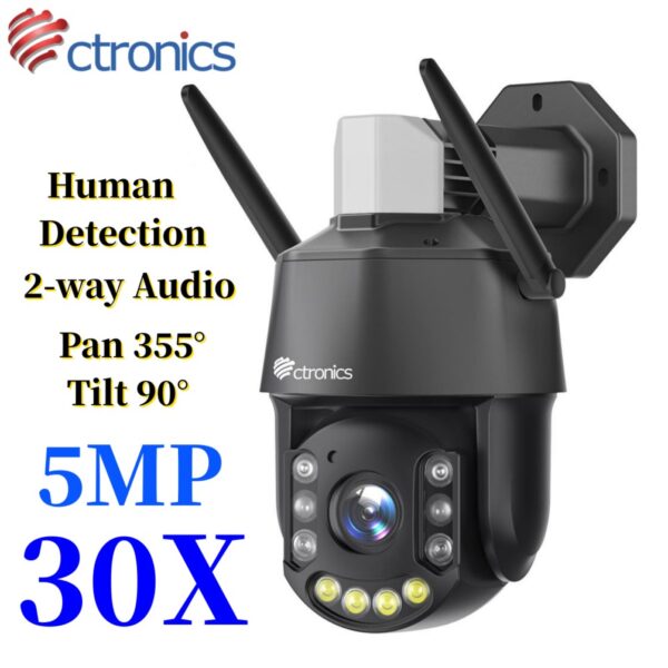 Ctronics 30x Zoom óptico Cámara de seguridad WiFi PTZ Exterior 5MP CCTV Seguimiento automático inteligente Detección humana Cámara IP 50m Color Visión nocturna Audio bidireccional Onvif