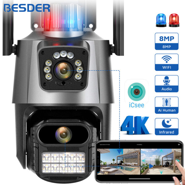 BESDER-cámara de seguridad IP para exteriores, dispositivo de vigilancia CCTV con pantalla Dual, visión nocturna a Color, 8MP, PTZ, App ICSEE