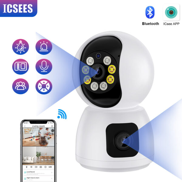 ICSees-cámara inteligente inalámbrica con Wifi para interiores, Monitor de bebé con lente Dual, IP, Full HD, 2K, para mascotas, visión nocturna, seguridad del hogar