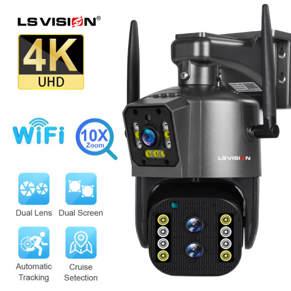 LS VISION-cámara IP PTZ 4K de 8MP, dispositivo de seguridad con tres lentes, pantalla Dual, WiFi, detección de movimiento, seguimiento automático, Zoom óptico de 10X