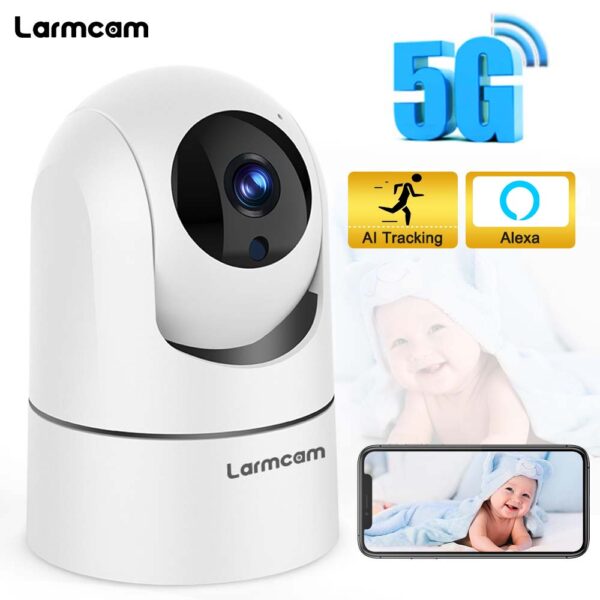 Cámara IP Larmtek, 5G WiFi Baby Monitor 1080P Mini cámara de seguridad CCTV para interiores, 2K 4MP AI Tracking Audio Video Vigilancia Cámara, funciona con Alexa, Admite tarjeta SD y almacenamiento en la nube