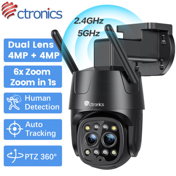 Cámara Ctronics de doble lente 4MP + 4MP Exterior 6x Zoom 5G 2.4GHz WiFi Cámara IP AI Seguimiento humano Seguridad CCTV Color Visión nocturna Audio bidireccional Cúpula de metal