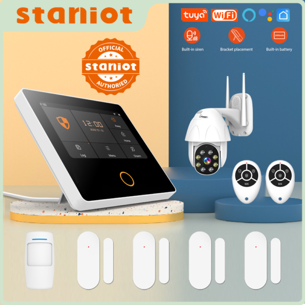 Ostaniot-Kit de alarma antirrobo para el hogar, sistema de protección de seguridad inalámbrico con WiFi, pantalla táctil IPS de 4,3 pulgadas, 10 idiomas integrados, Tuya,La sirena incorporada funciona con Alexa