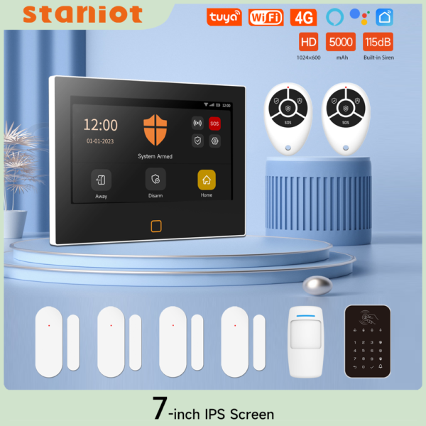 Staniot-sistema de alarma HD de 7 pulgadas, inalámbrico, WiFi, 4G, Tuya, protección de seguridad para el hogar inteligente, funciona con Alexa, Control remoto por aplicación de Google,Batería integrada de 5000 mAh