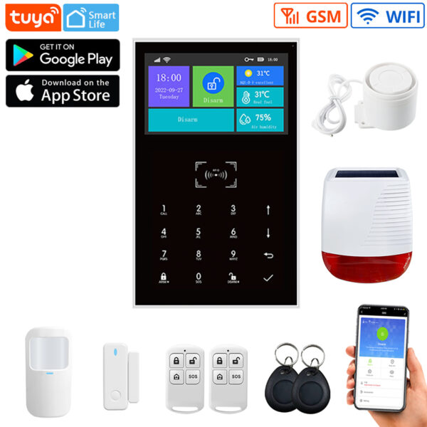 Smart Life Home-sistema de alarma de seguridad GSM, pantalla de 4,3 pulgadas, WIFI, Host con puerta y Sensor de movimiento, Control por aplicación Tuya, funciona con Alexa