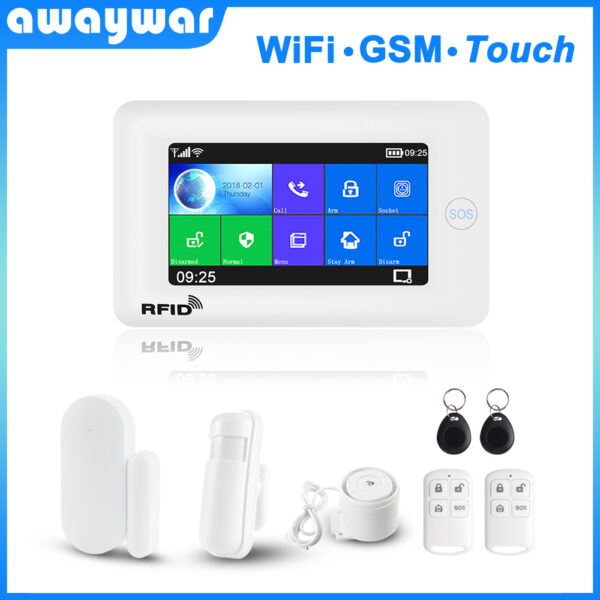 Awaywar-sistema de alarma antirrobo para el hogar, kit de seguridad con WIFI, GSM, pantalla táctil de 4,3 pulgadas, Tuya, Control remoto, RFID, para desarmar