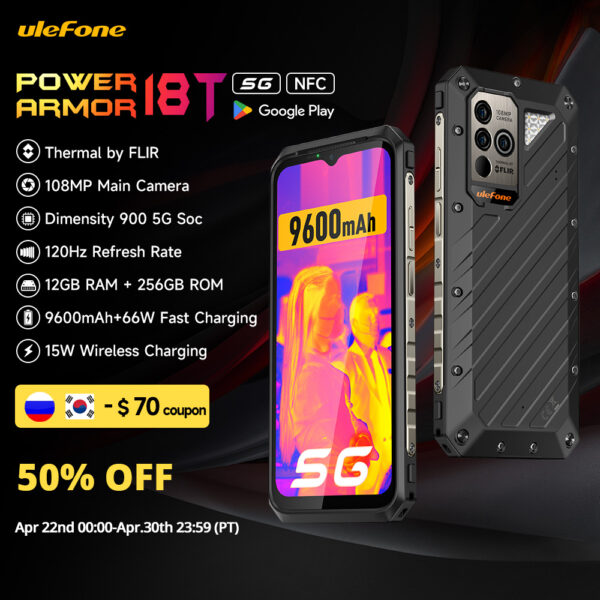 Ulefone Power Armor 18T 5G teléfono resistente cámara de imagen térmica FLIR®Teléfono Inteligente versión Global, 12GB + 256GB, 9600mAh66W