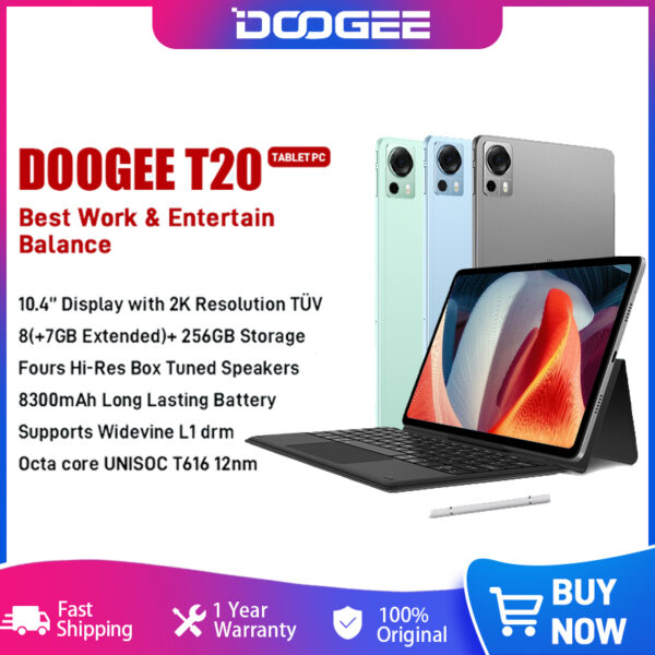 DOOGEE-Tableta T20 de 8GB + 256GB, pantalla 2K TÜV de 10,4 pulgadas, ocho núcleos, 12nm, Widevine L1 Pad, cuatro altavoces sintonizados con caja de alta resolución, 8300mAh