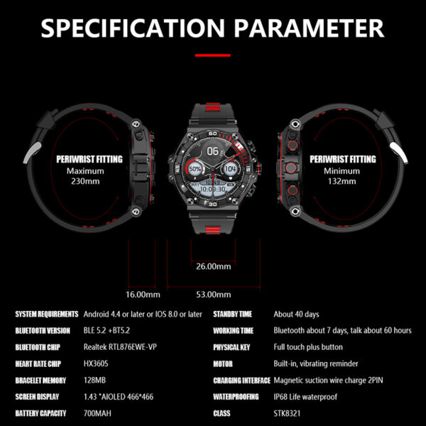 Reloj inteligente resistente al agua IP68, dispositivo con Pantalla AMOLED HD de 1,43 pulgadas, 466x466, llamadas, Bluetooth, Batería grande de 700mAh, modo de reposo Extra largo - Imagen 6