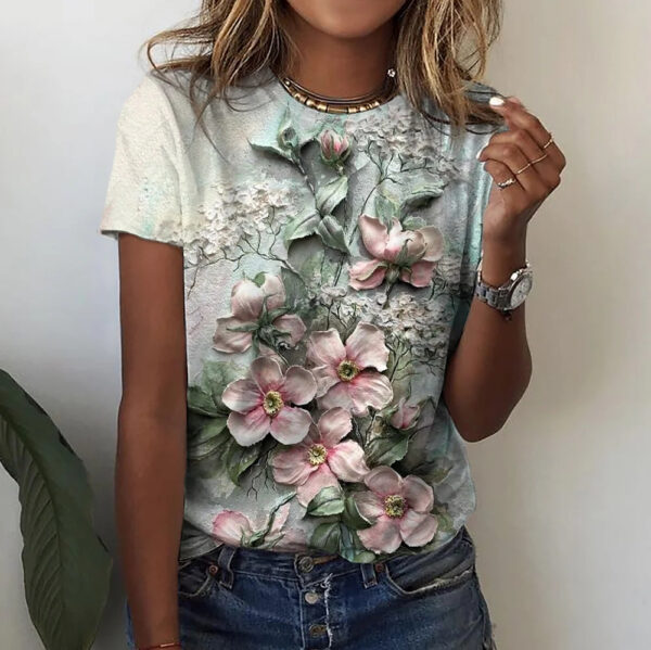 Camisetas con temática Floral para mujer, remera con estampado de plantas florales, Tops básicos para mujer, jersey de gran tamaño 2023 - Imagen 3