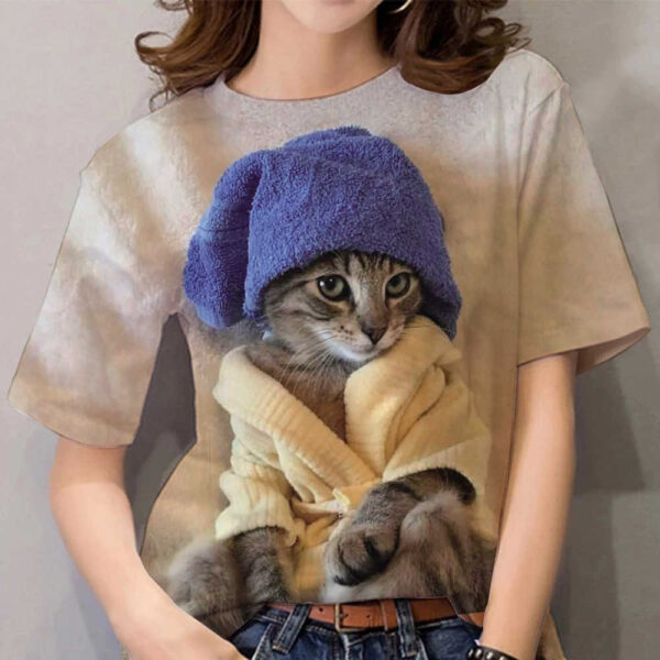 Camiseta con estampado 3D de gato bonito para mujer, remera de animales Harajuku de manga corta, ropa de gran tamaño, 2022 - Imagen 2