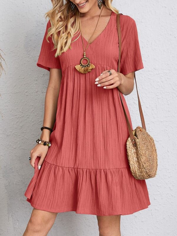 Minivestido Vintage liso para mujer, vestido informal Sexy con cuello de pico y volantes, bohemio, elegante, holgado, para fiesta en la playa, verano 2023 - Imagen 3