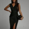 Vestido Midi con escote triangular para mujer, ropa informal sin mangas, color liso, elegante, con escote en V profundo, para fiesta de verano - Imagen 2