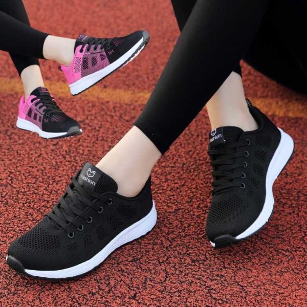 Zapatos informales para mujer, zapatillas planas de malla transpirable con cordones, color rosa, negro y blanco, novedad de 2023