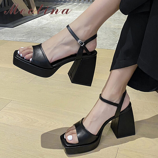 Meotina-zapatos de piel auténtica para mujer, sandalias de plataforma de tacón superalto con hebilla, tacón grueso y punta cuadrada, color negro, para verano