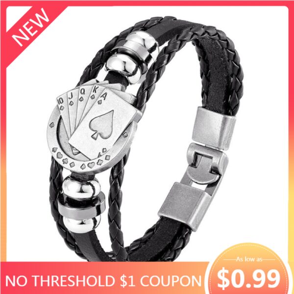 Pulsera trenzada de cuero con personalidad para hombre, brazalete multicapa con naipes, accesorios creativos, joyería con dijes
