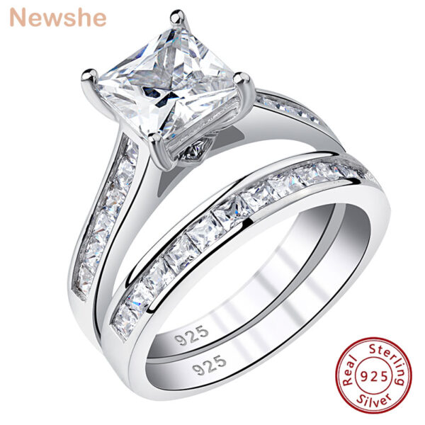 Newshe-Conjunto de anillos de boda clásicos para mujer, joyería de compromiso de Plata de Ley 925, circonita AAAAA, corte de princesa, 7x7mm, 2 piezas