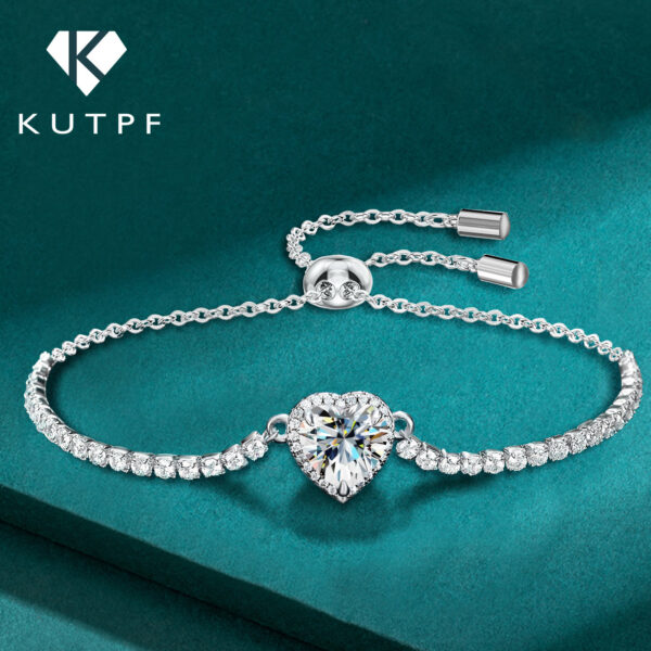 Pulsera de plata de ley S925 para mujer, brazalete de diamante de moissanita con corte de corazón de 2 CT, ajustable, con certificación GRA, joyería fina KUTPF