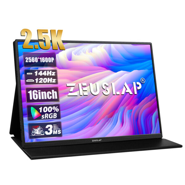 ZEUSLAP-Monitor portátil de 16 pulgadas, 2,5 K, 144hz, 2560x1600, 16:10, 100%, sRGB, 500Cd/m², pantalla de viaje para ordenador portátil, Switch, ps4, ps5, Xbox