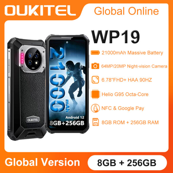 OUKITEL-teléfono inteligente WP19 resistente, con visión nocturna, NFC, 8GB, 256GB, 21000mAh, cámara de 64M, Android 12, 90Hz, Helio G95