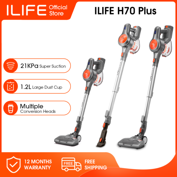 ILIFE-aspiradora inalámbrica H70/H70 Plus, succión de 21kPa, vaso antipolvo de 1,2 L, iluminación LED, batería extraíble, 40 minutos de tiempo