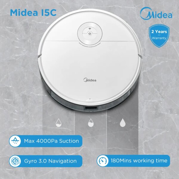 Midea I5C Robot aspirador VCR09B para el hogar, aspiradora inteligente con fregona húmeda y seca de 4000PA, con tanque de agua eléctrico inalámbrico I5C