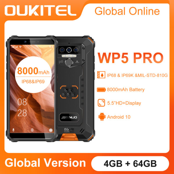 OUKITEL-Smartphone WP5 Pro con Android 10, teléfono móvil impermeable IP68, 8000mAh, triple cámara, identificación de huellas dactilares y cara, 5,5 pulgadas, 4GB y 64GB