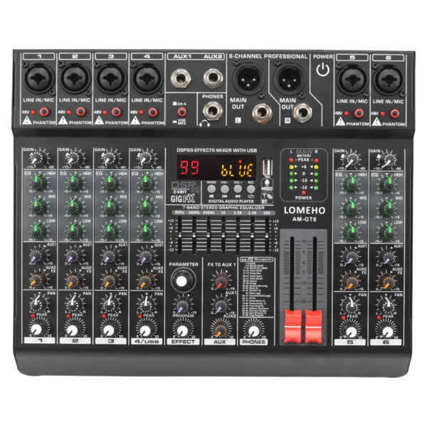 Mezclador de sonido EQ de 7 bandas, 99 efectos, 6 Mono Individual, 48V, consola de mezcla de Audio, reproducción USB, grabación, Bluetooth, 2 AUX, Control de DJ, AM-GT6